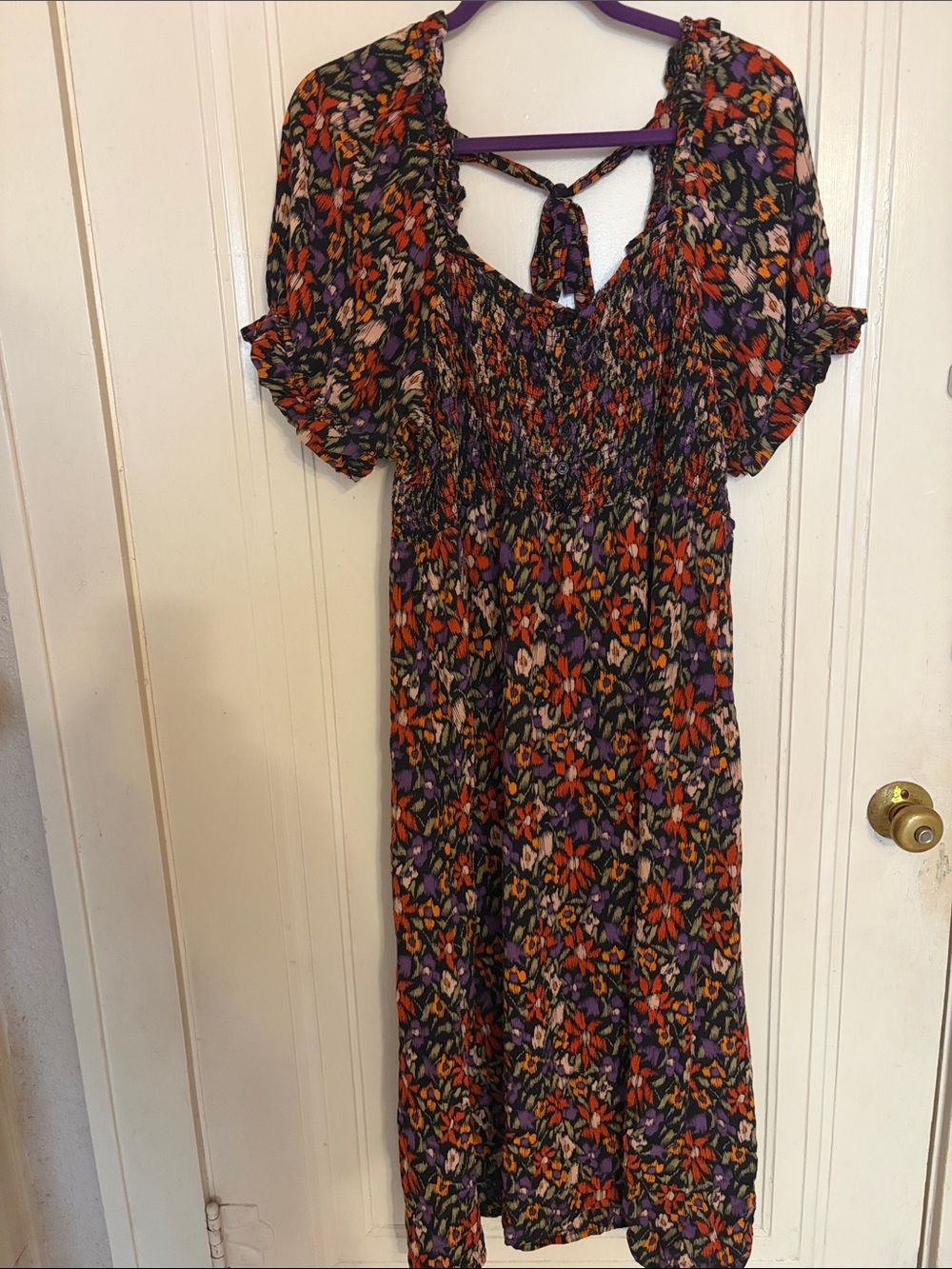 Floral Smocked Midi Dress in Black with Orange & Purple